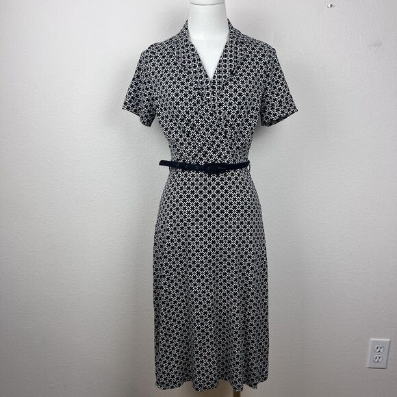 Louie Lucie Dress Womens Small Midi Fit and Flare Geometric Office Retro Belted - Picture 14 of 15